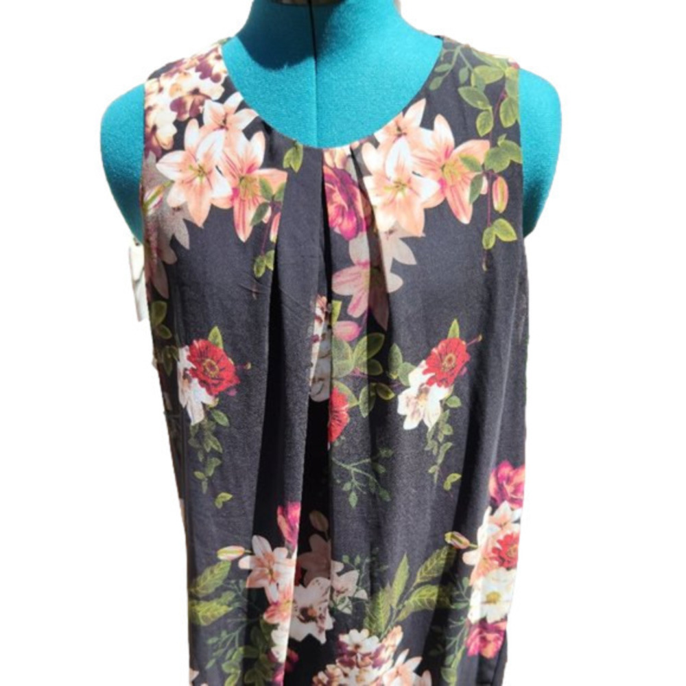 339. DEX Black floral chiffon sleeveless shift dress |L